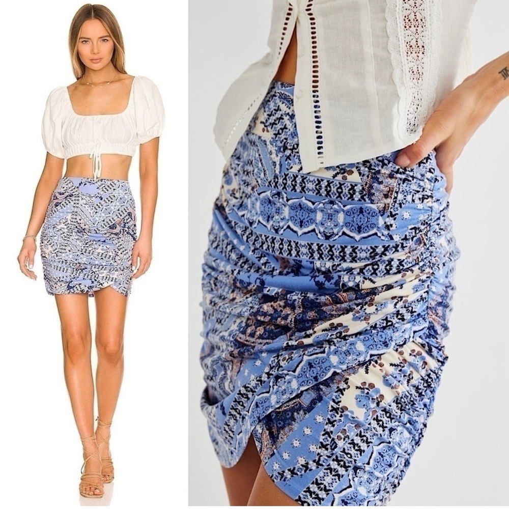 Free People Blue Patchwork Pull On Ruched Skirt Medium